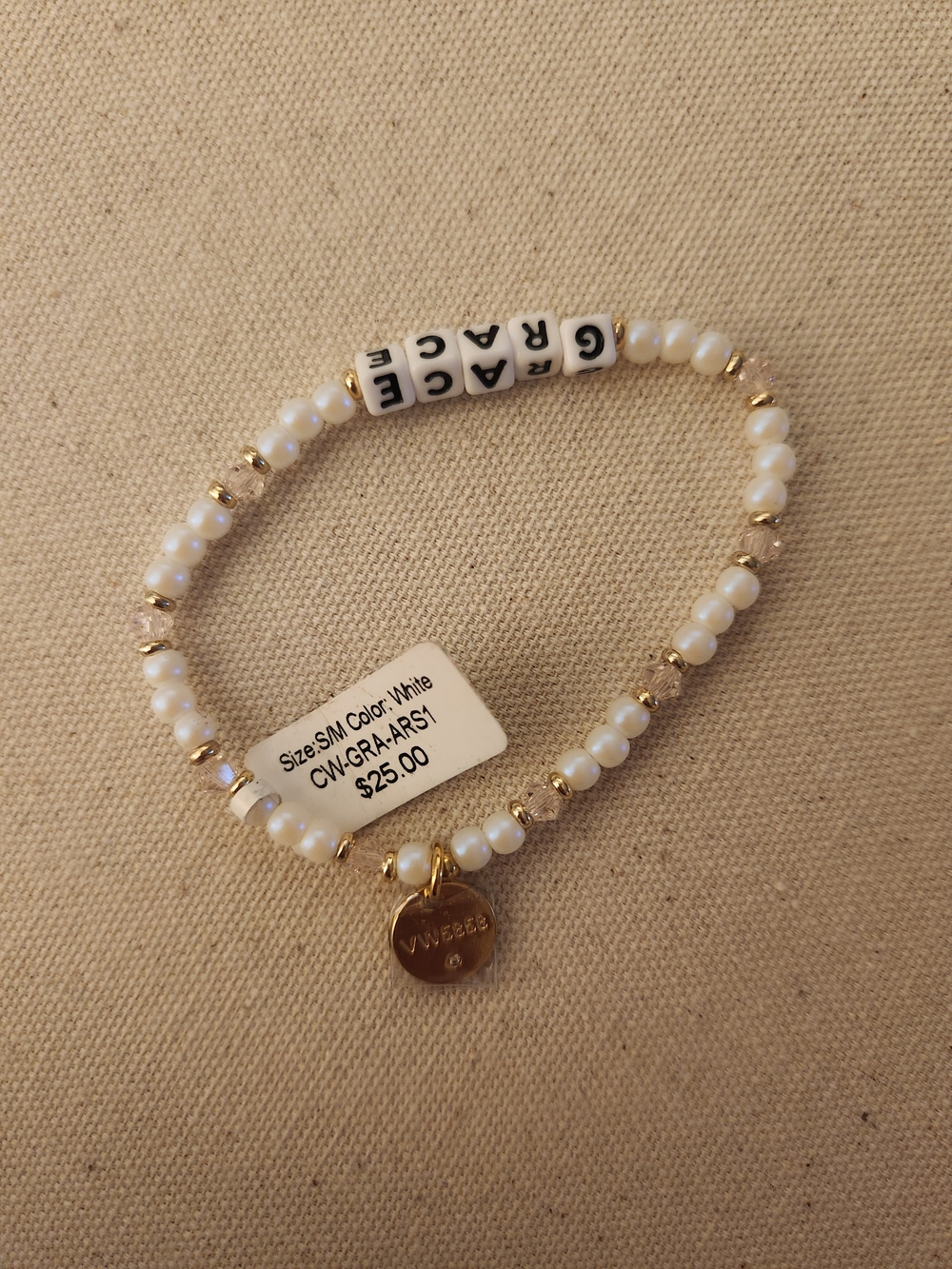 Little Words Project Grace White Pearl Beaded Bracelet with Gold Disc Charm